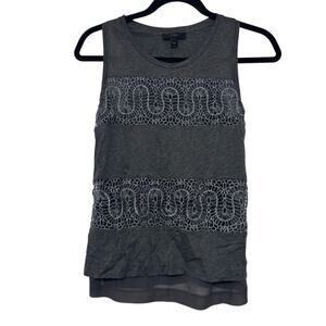 J.Crew Gray Sleeveless Tank Top Lace Trim Sheer Hem Women XXS Cotton Preppy Chic